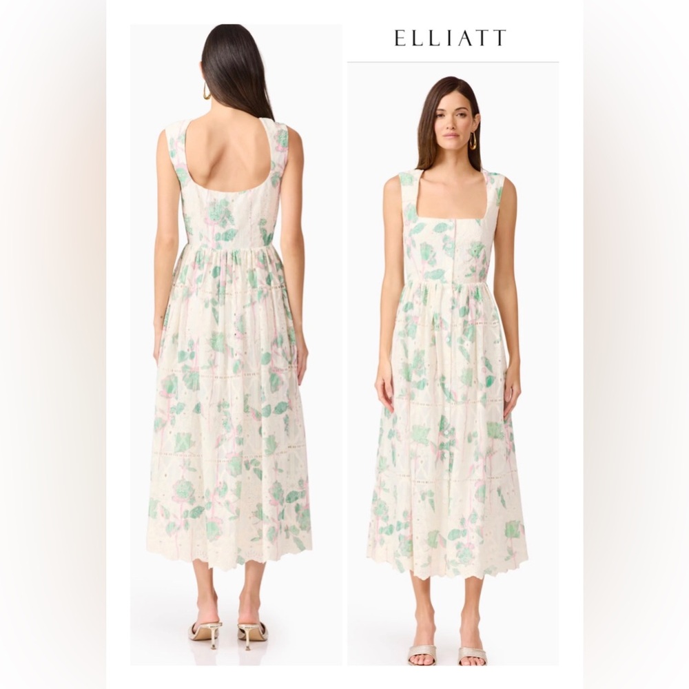 Elliatt Cream Midi Dress with Green and Pink Floral Print NWT